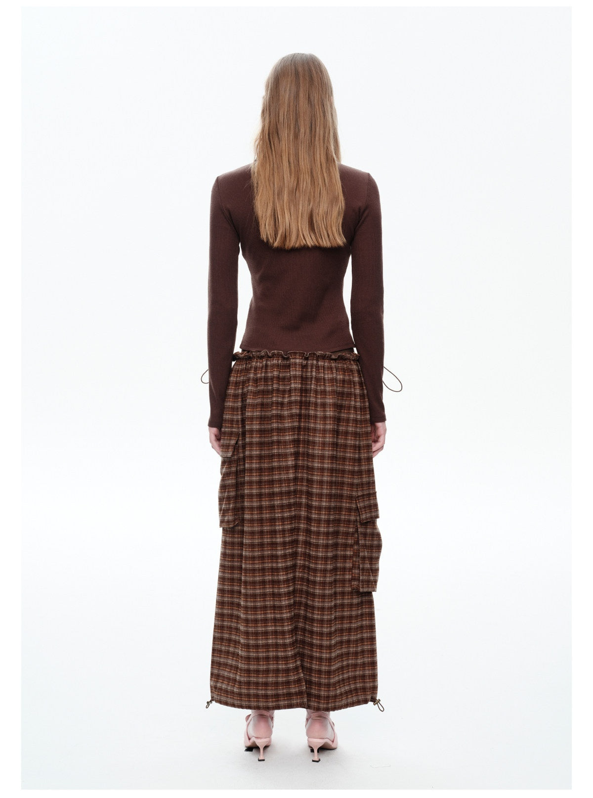NEXT PASSPORT brown plaid faux-layered maxi skirt back view