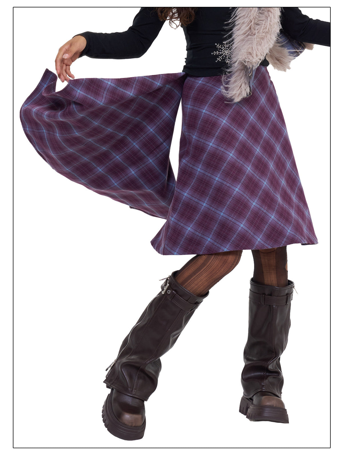 NEXT PASSPORT blue and purple plaid wrap-panel midi skirts