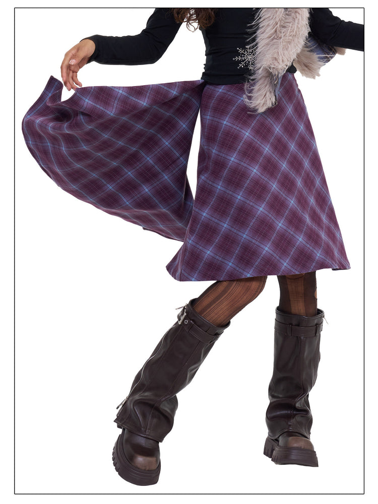 NEXT PASSPORT blue and purple plaid wrap-panel midi skirts