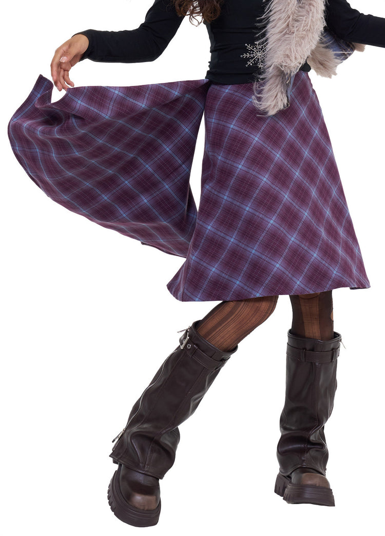 NEXT PASSPORT blue and purple plaid wrap-panel midi skirts