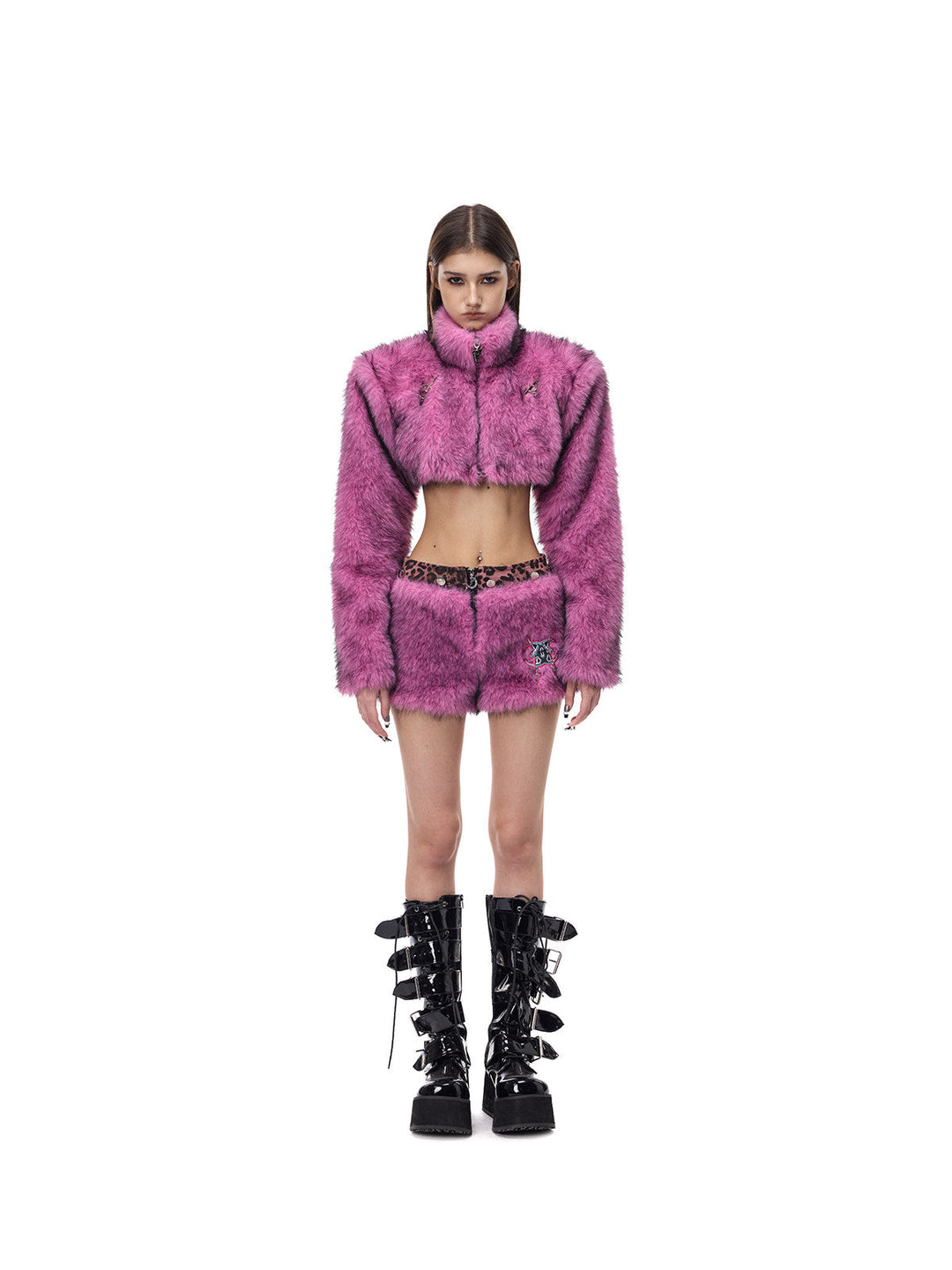 PINKSPINK PINK LEOPARD detachable faux-fur mini skirt — full-length front modeled view of the pink faux-fur configuration