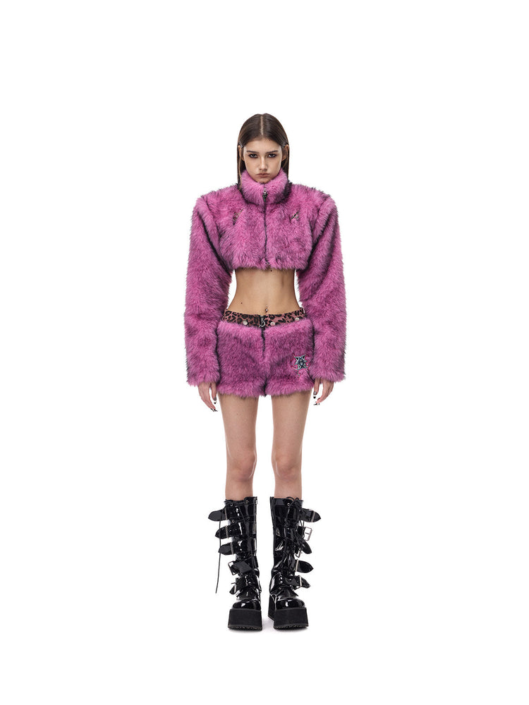 PINKSPINK PINK LEOPARD detachable faux-fur mini skirt — full-length front modeled view of the pink faux-fur configuration