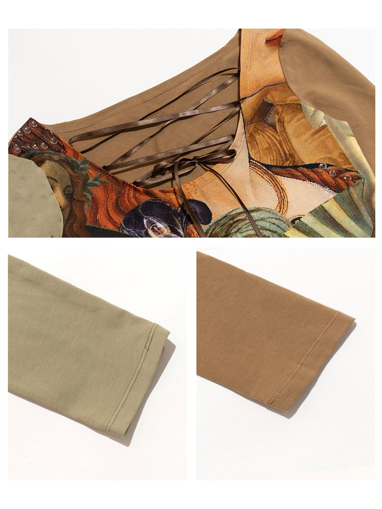 Detail collage of the Botticelli printed lace-up neckline and stretch fabric.