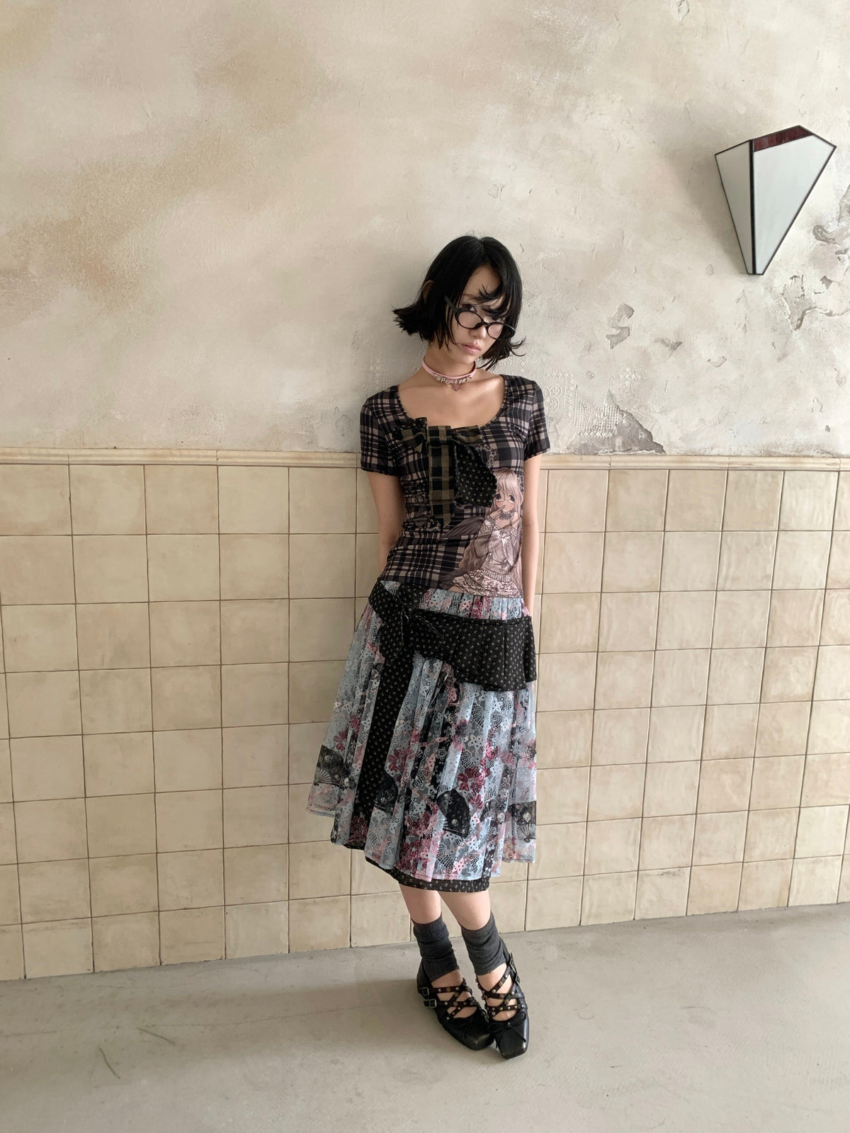 4RE1GN CROSS RIBBON jacquard lace layered skirt in multicolor — front modeled view with arms behind the back