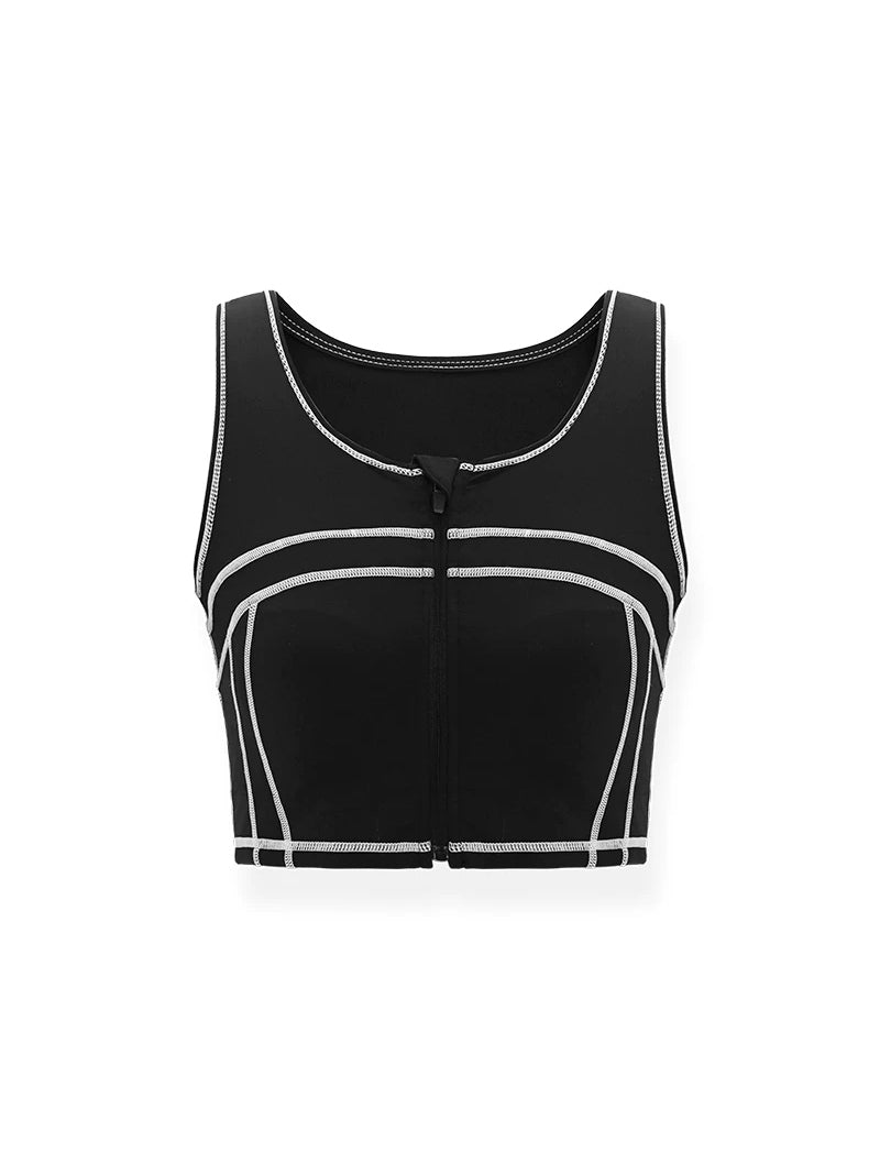 NAWS CLOUD zip-front sports bra — graphite-black zip-front sports bra with contrast seams, front product view