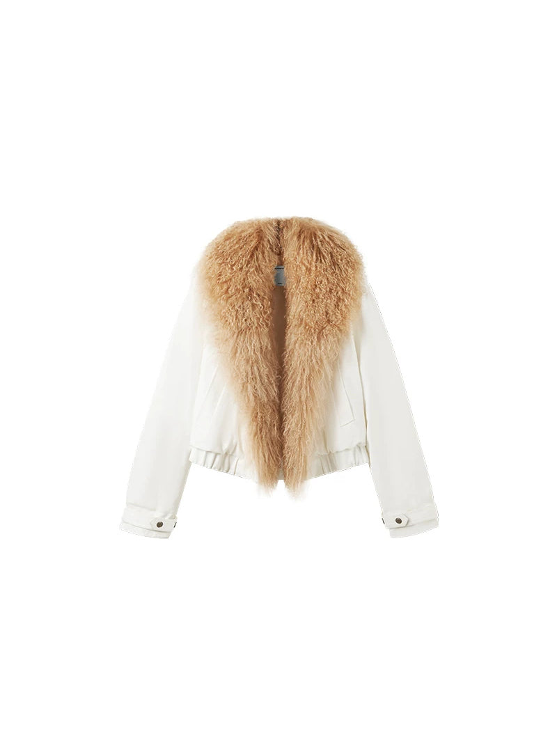 NAWS ARCTIC shearling-collar padded denim jacket — snow-white padded denim jacket with detachable tan shearling collar, front product view