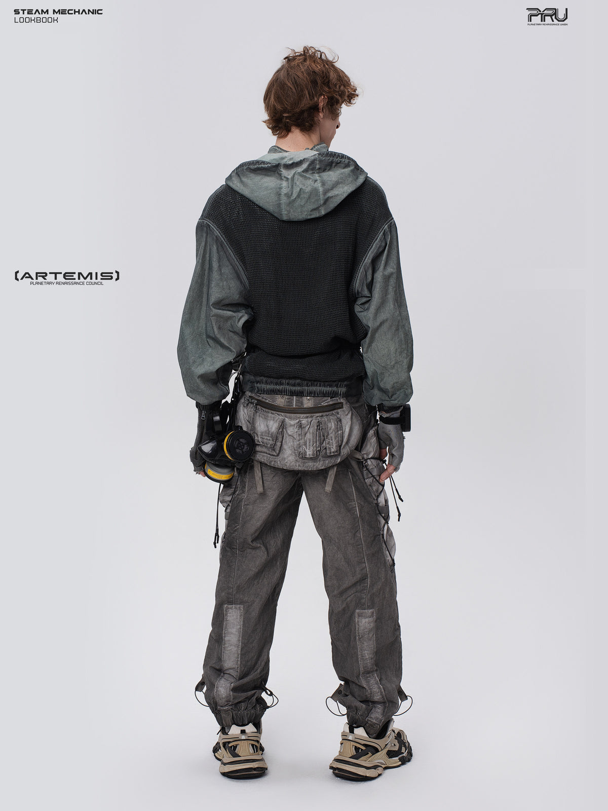 STEAM FUNCTION PIONEER moon-blue mesh hoodie, full-body rear view showing the large ventilation panel