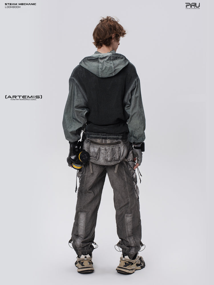 PIONEER detachable-hood mesh hoodie in moon shadow blue, full-body rear view showing the large ventilation panel