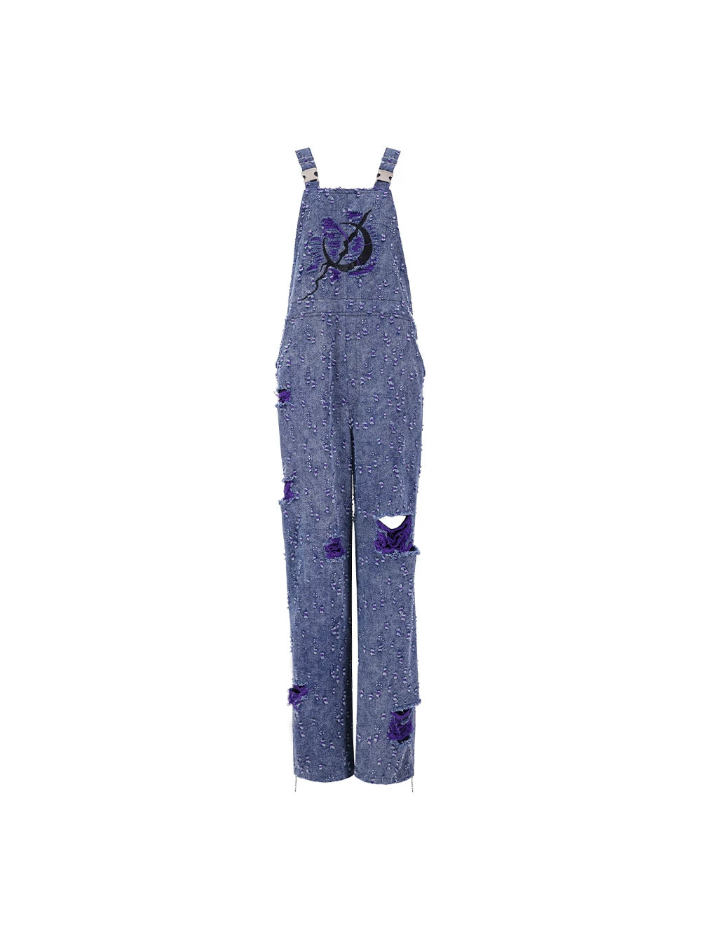 PINKSPINK BROKEN VIOLET distressed denim overalls — violet-blue distressed denim overalls, front product view