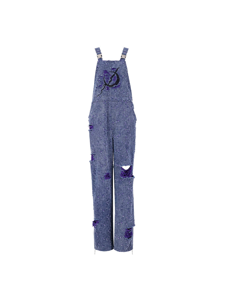 PINKSPINK BROKEN VIOLET distressed denim overalls — violet-blue distressed denim overalls, front product view
