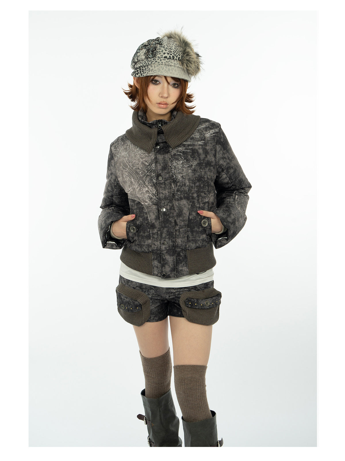 4RE1GN MYSTIC STAR knit-collar down jacket in gray multicolor — front modeled view showing the buttoned pocket tabs