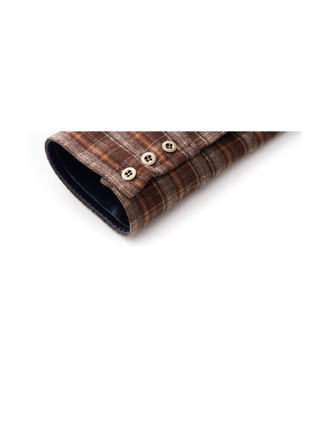 NEXT PASSPORT brown faux-leather plaid shirt — sleeve cuff detail