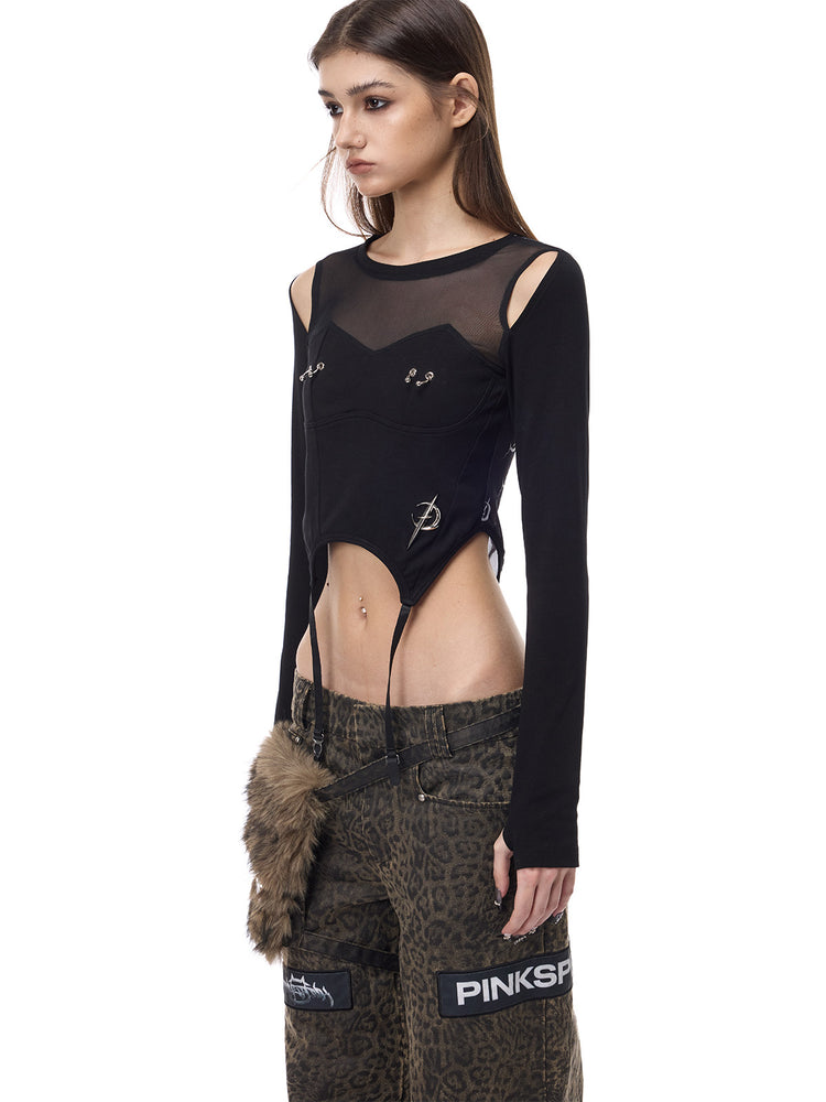 PINKSPINK ELECTRIC MOON reconstructed mesh tee — side-front modeled view showing the fitted shape and pointed hem