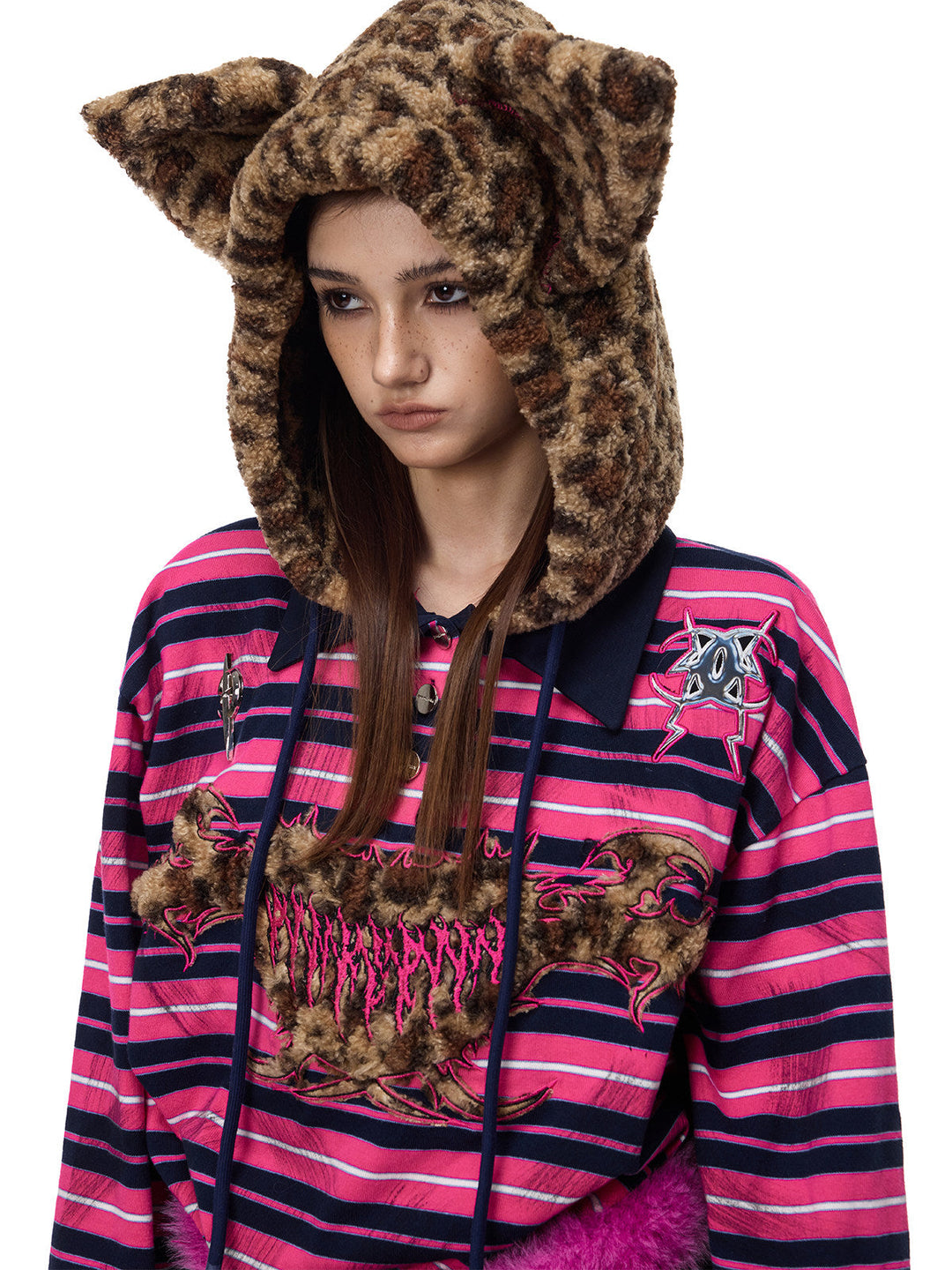 PINKSPINK CAT ALIEN leopard-ear striped hoodie — three-quarter close modeled view showing the ears and embroidered chest