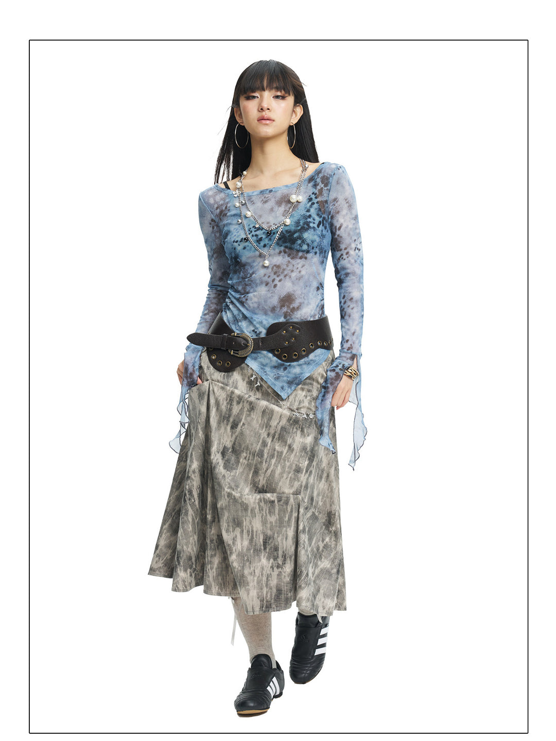 NEXT PASSPORT blue-gray printed mesh asymmetric long-sleeve top, photo 10
