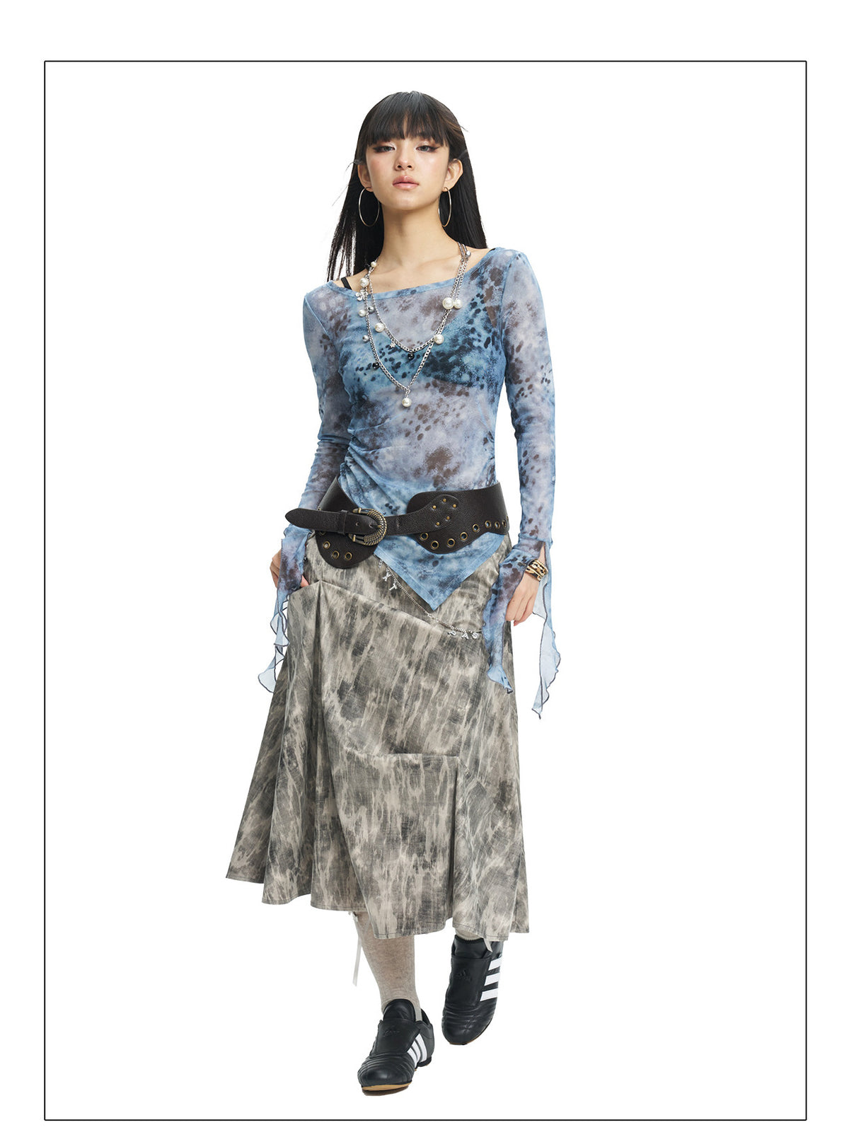 NEXT PASSPORT blue-gray printed mesh asymmetric long-sleeve top, photo 10