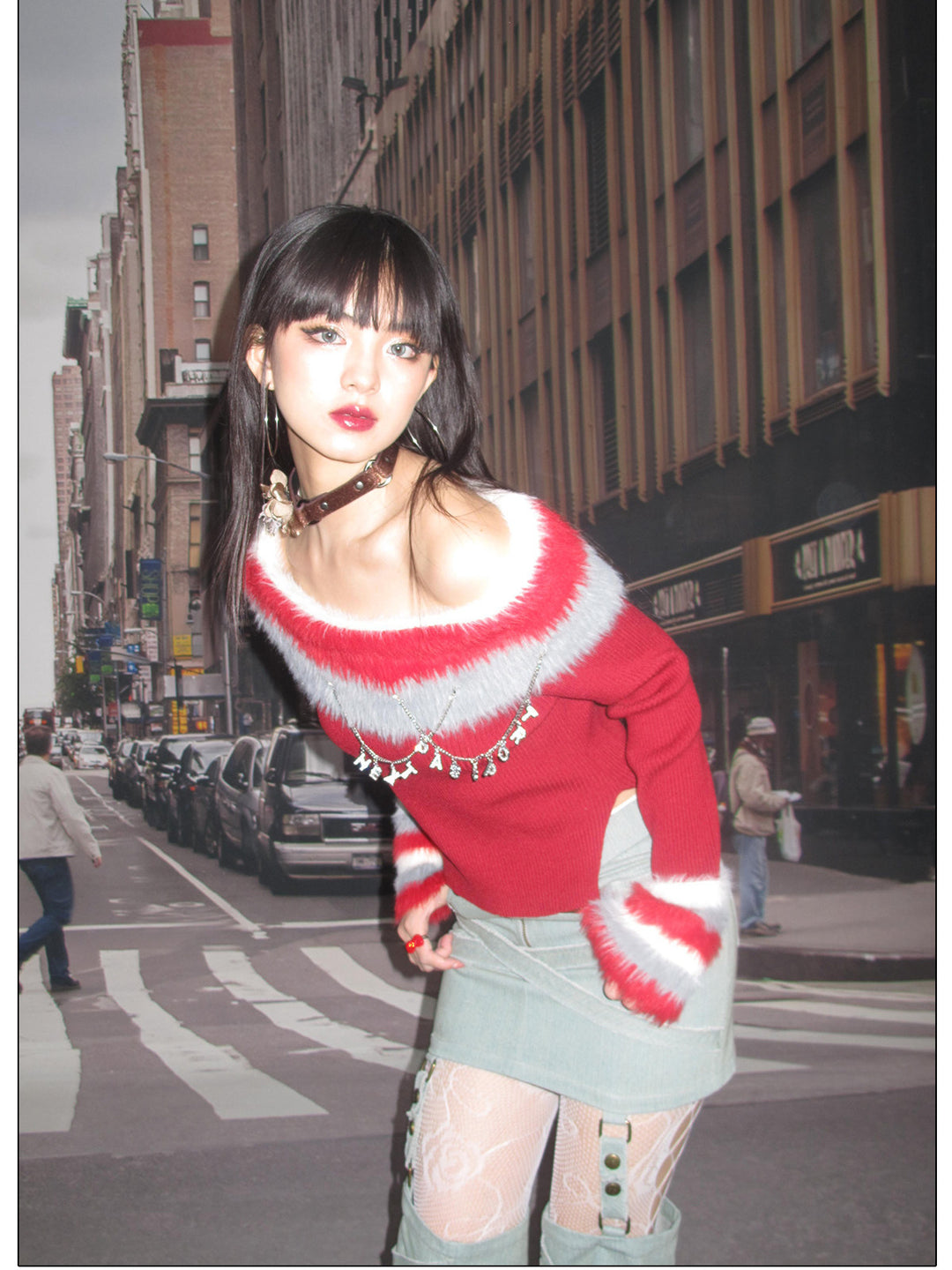 Next Passport red off-shoulder knit pullover street styling