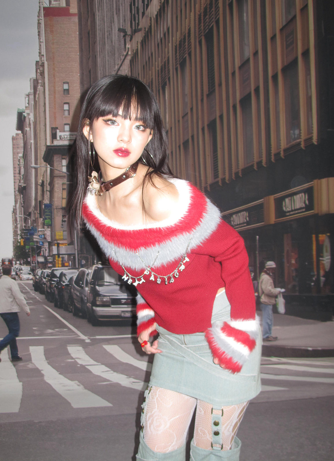 Next Passport red off-shoulder knit pullover street styling