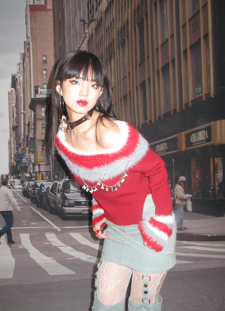 Next Passport red off-shoulder knit pullover street styling