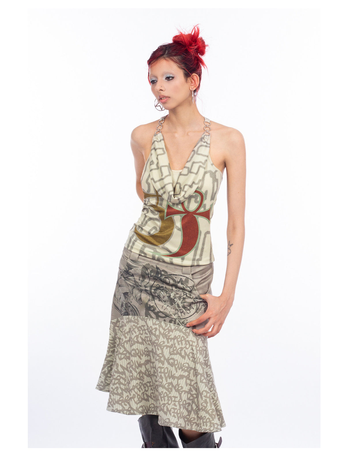 4RE1GN SIGIL cowl-neck halter top in ivory multicolor — front modeled view with one hand behind the back