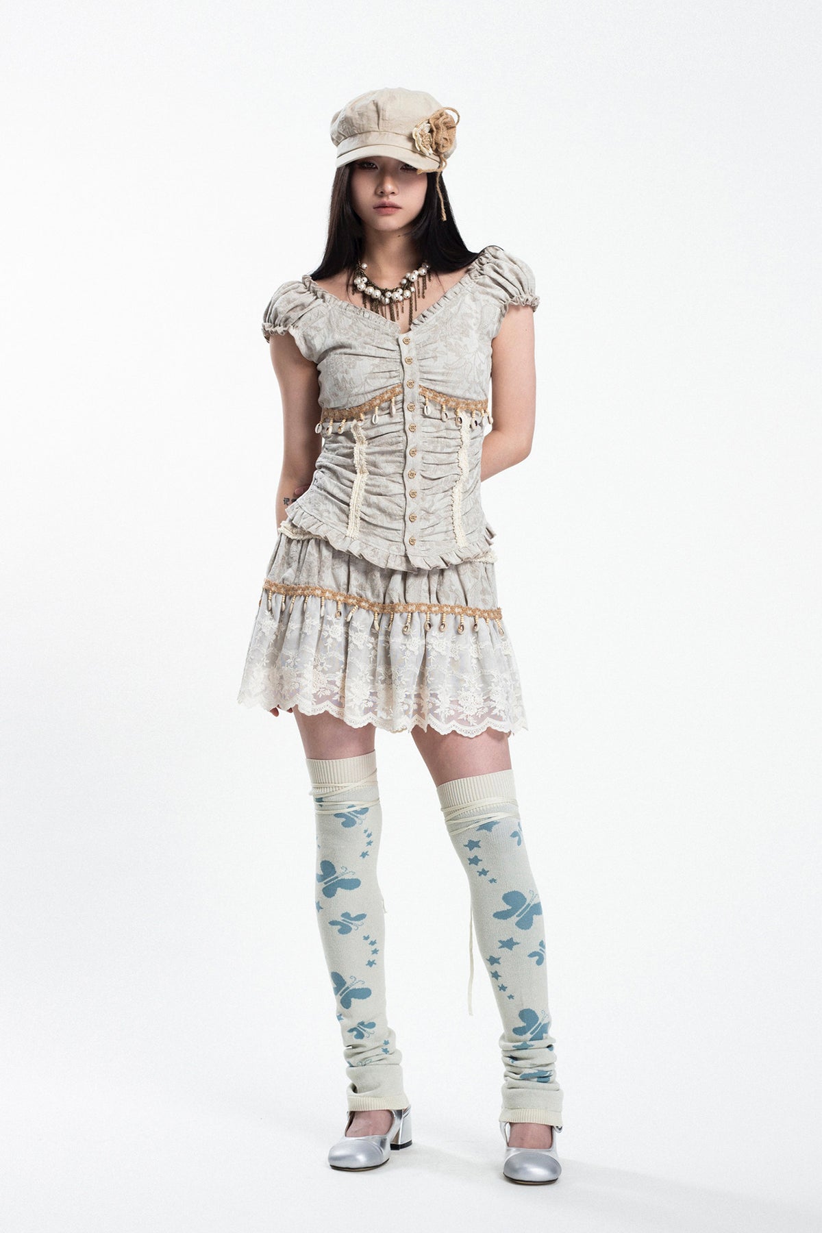 4RE1GN SHELL jacquard blouse and lace skirt separates in ivory — full-length front studio modeled view with hands behind the back