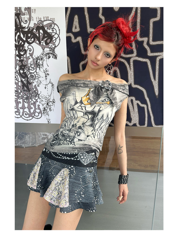 4RE1GN JEWEL denim-print lace mini skirt in black multicolor — angled front modeled view beside the brand display