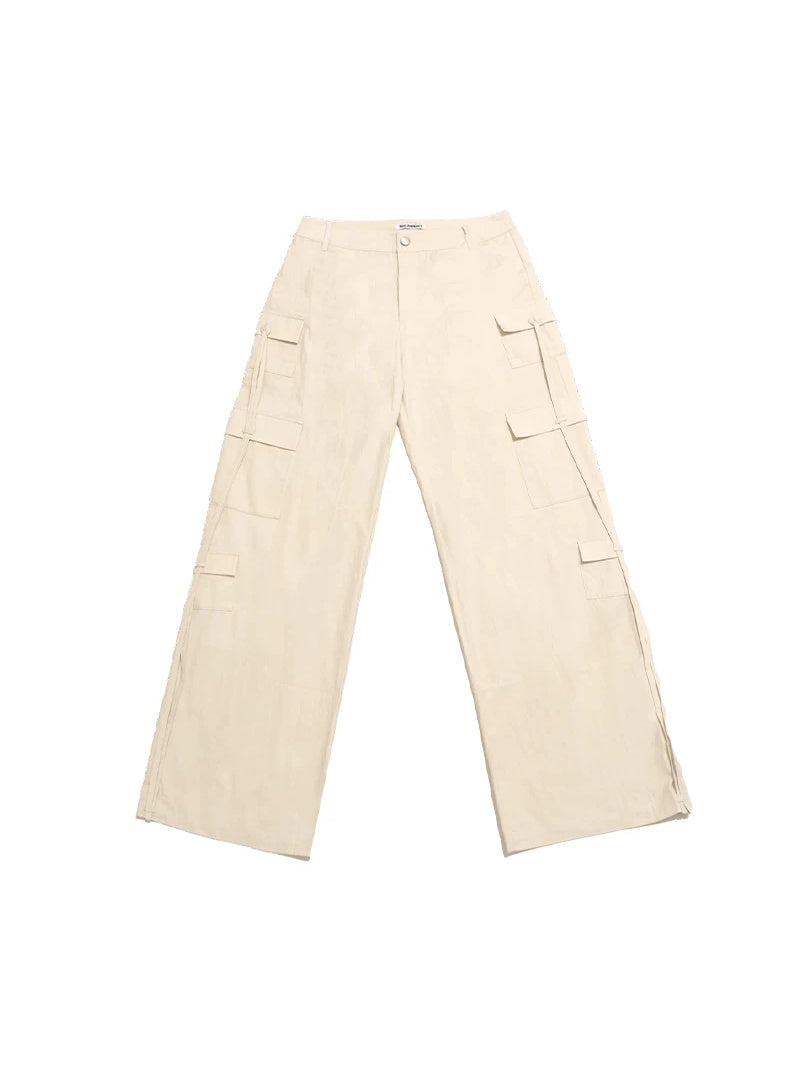 NEXT PASSPORT white drawstring multi-pocket cargo pants in white — front garment-only flat-lay view.