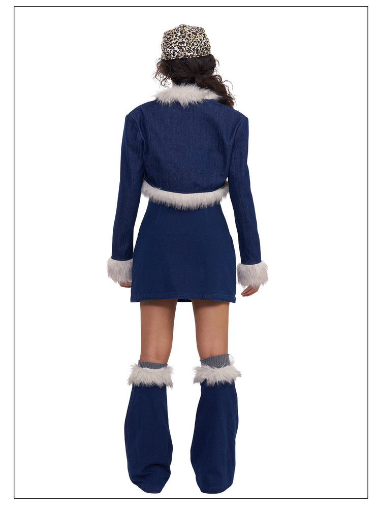 NEXT PASSPORT denim faux-fur cardigan cardigan back view.