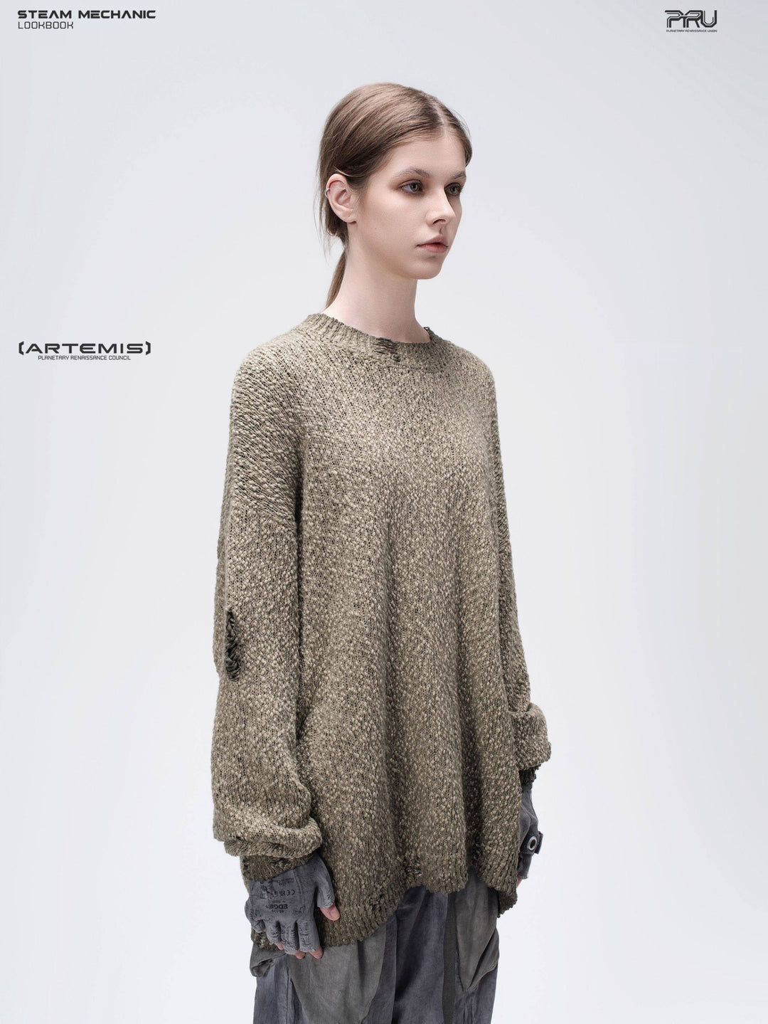 ARTEMIS distressed reversible knit sweater, mercury brown, side-front upper-body view