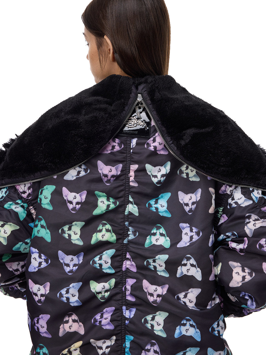 PINKSPINK CAT ALIEN faux-fur collar padded jacket — back close-up showing the collar spread and printed quilted shell