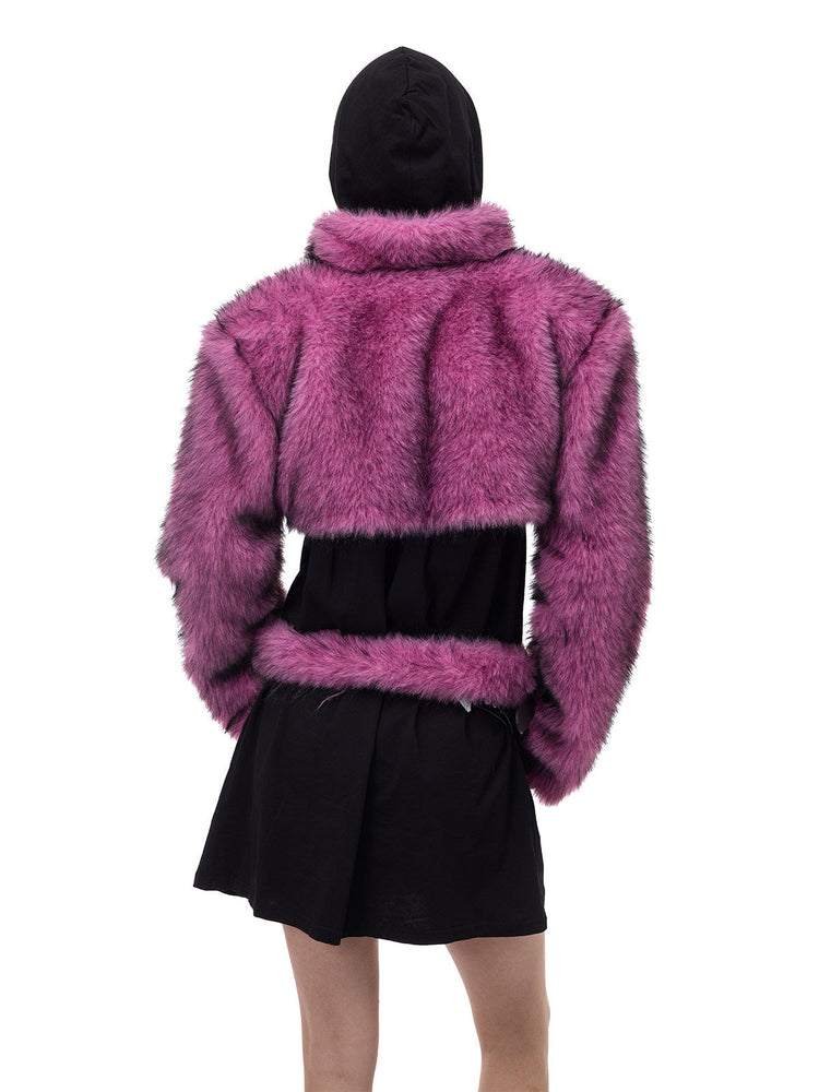 PINKSPINK ELECTRIC MOON gradient faux-fur cropped jacket — back modeled view layered over a black top and mini skirt
