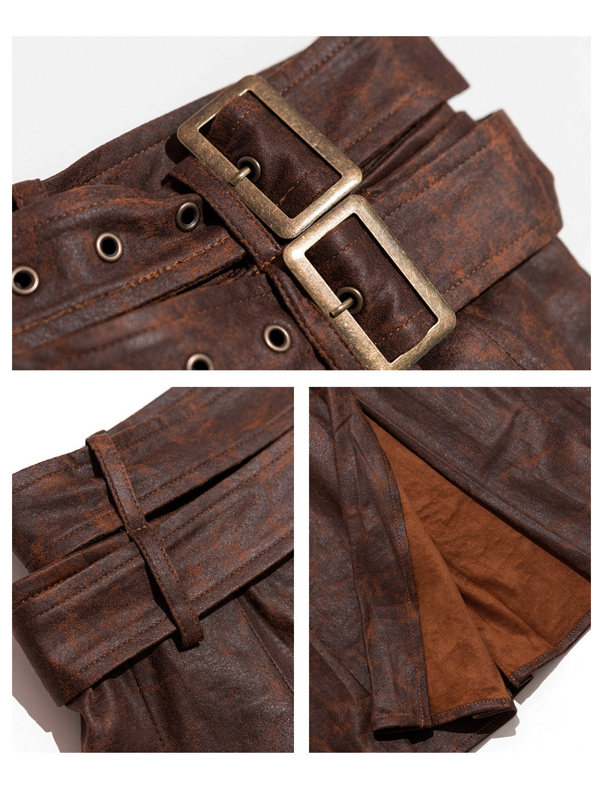 Brown faux-suede wrap skirt buckle pleat and lining details