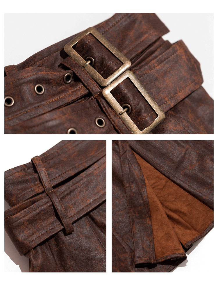 Brown faux-suede wrap skirt buckle pleat and lining details