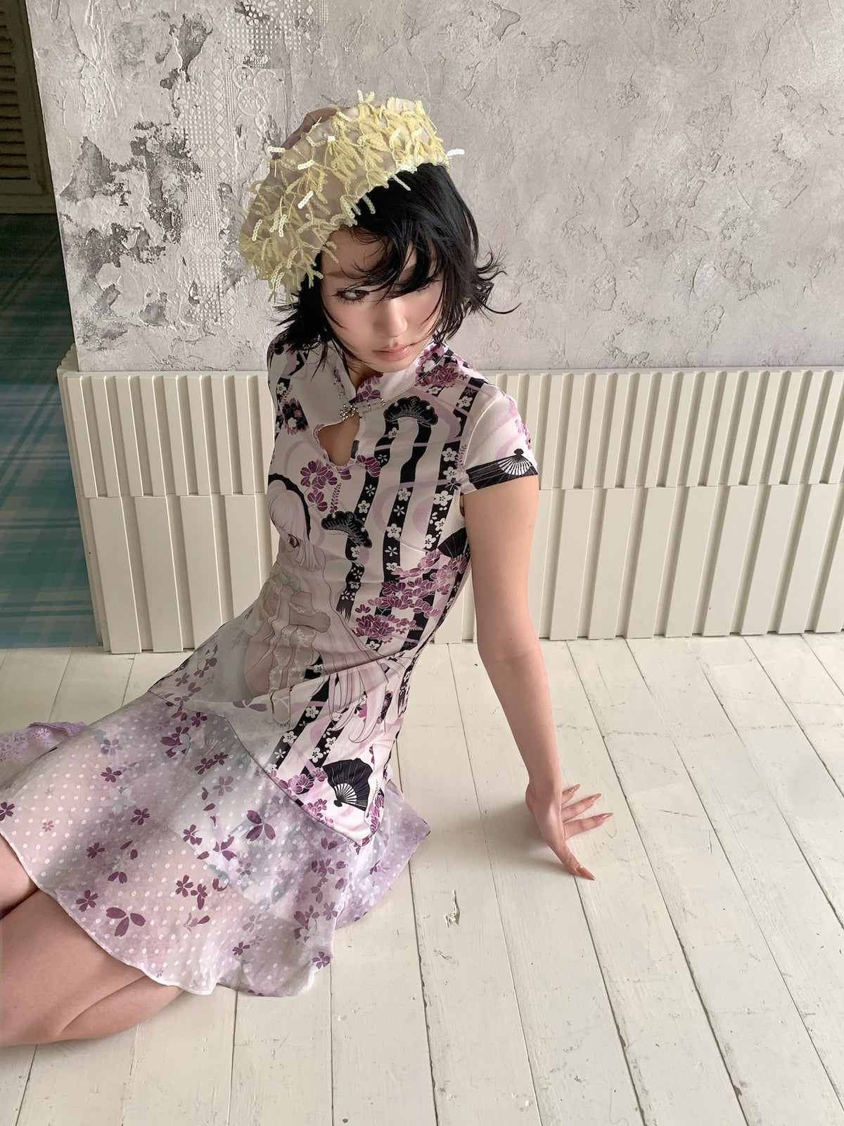 4RE1GN PURPLE MOOD mandarin-collar dress in multicolor — high-angle seated modeled view