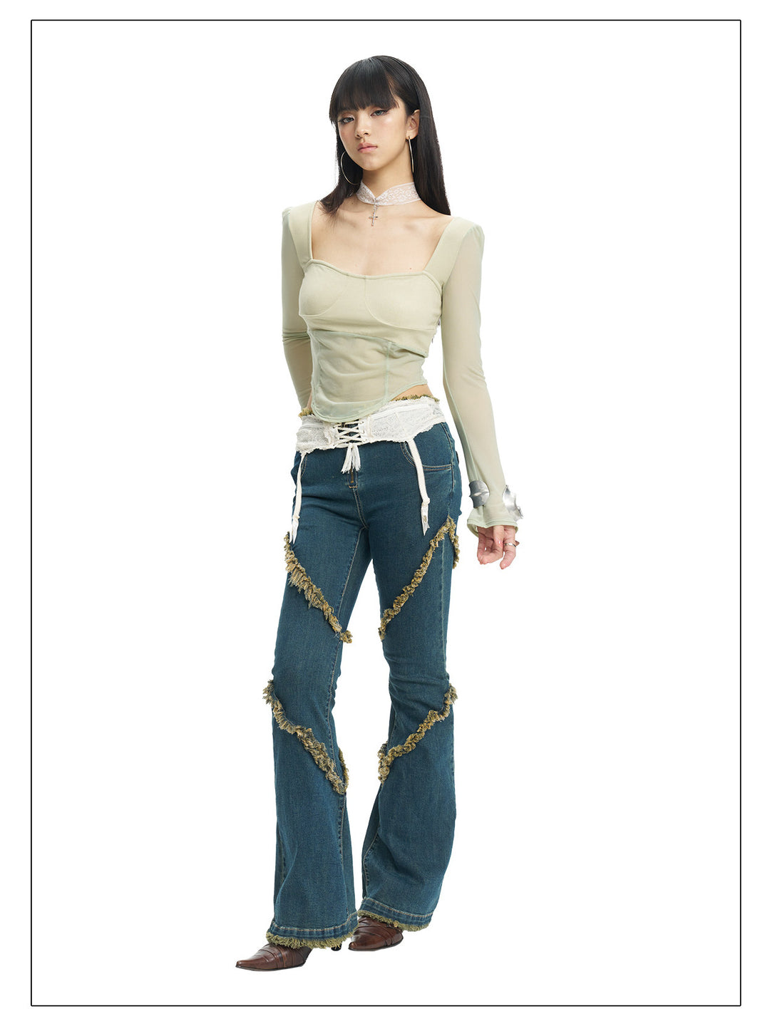 NEXT PASSPORT deep-blue frayed-hem slim flare jeans in denim blue — front-angled modeled view.