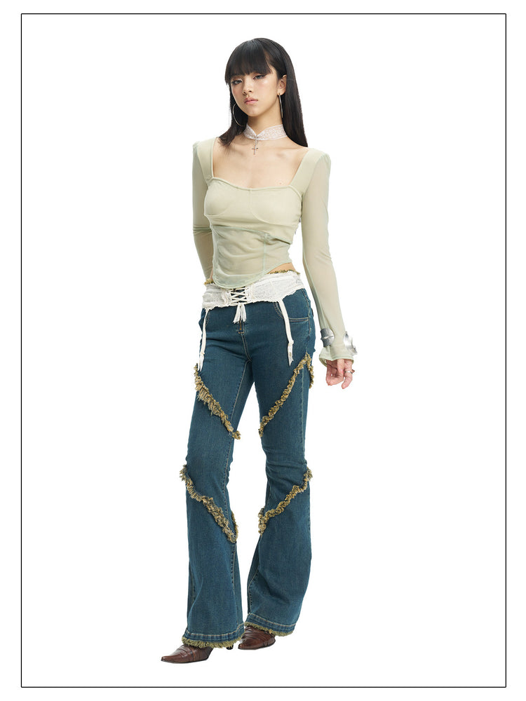 NEXT PASSPORT deep-blue frayed-hem slim flare jeans in denim blue — front-angled modeled view.