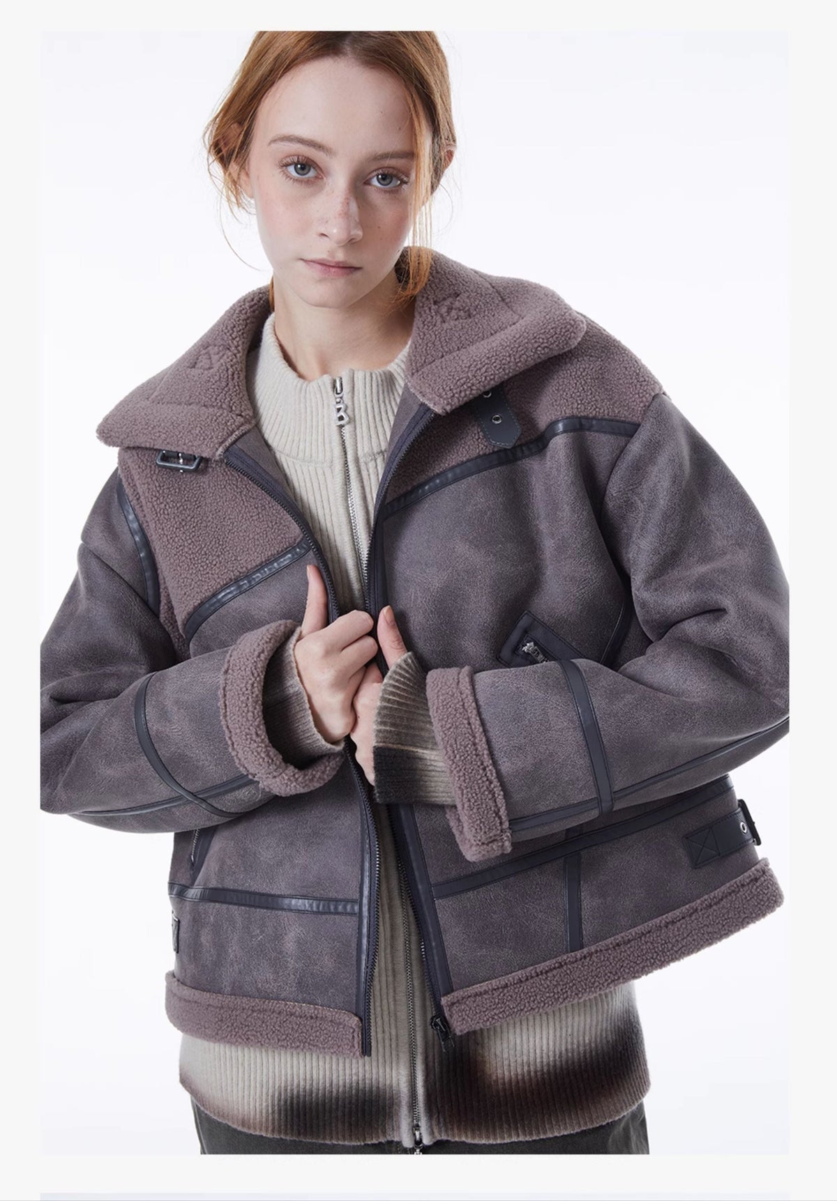 ERRORCODE ROBOT gray-purple paneled faux-shearling jacket, open front modeled view
