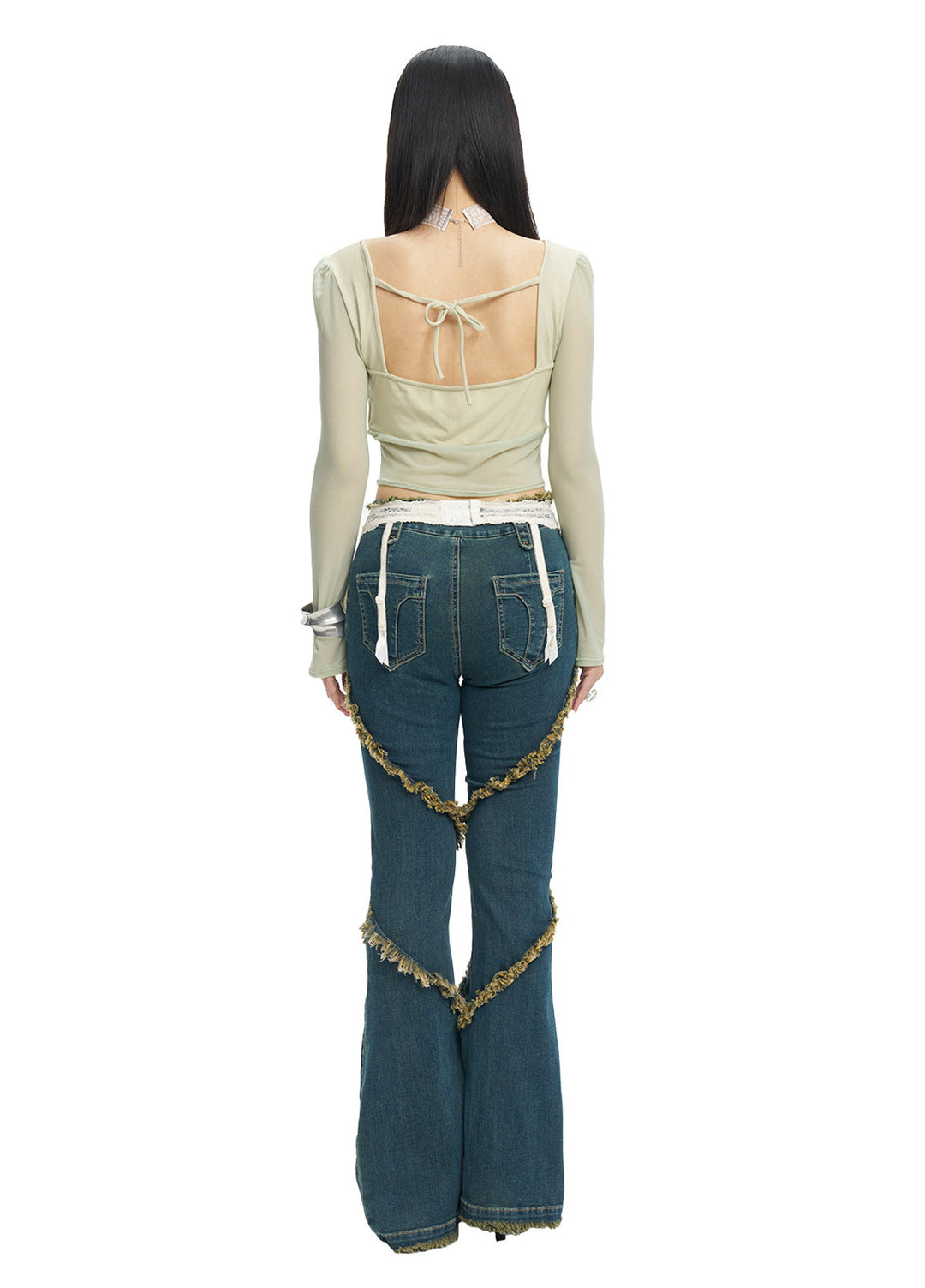 NEXT PASSPORT deep-blue frayed-hem slim flare jeans in denim blue — full-length back modeled view.