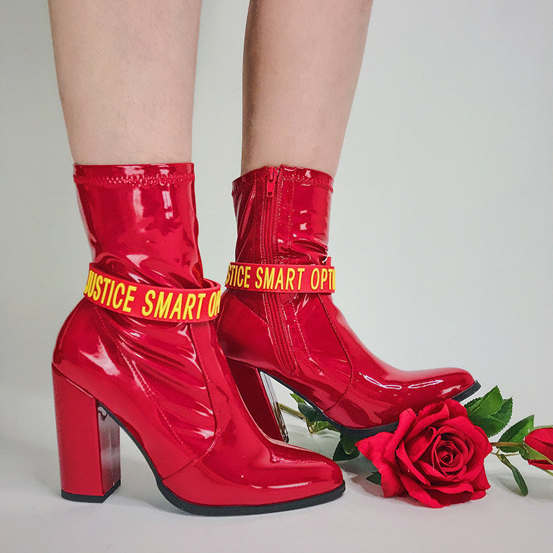 EOH-STUDIO BTBM red BRAVE silicone straps styled around red ankle boots; boots not included.