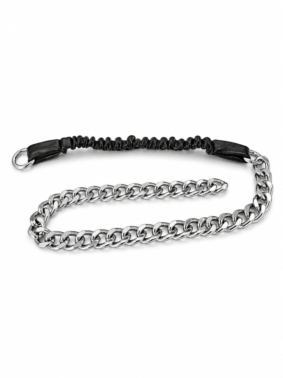 WRAVEN chain belt opened at one round connector, photographed on a clean white background.