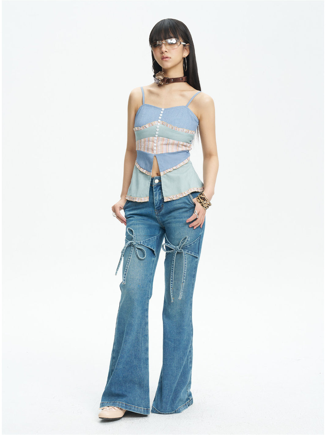 NEXT PASSPORT color-block button-front fishtail camisole blue standing look