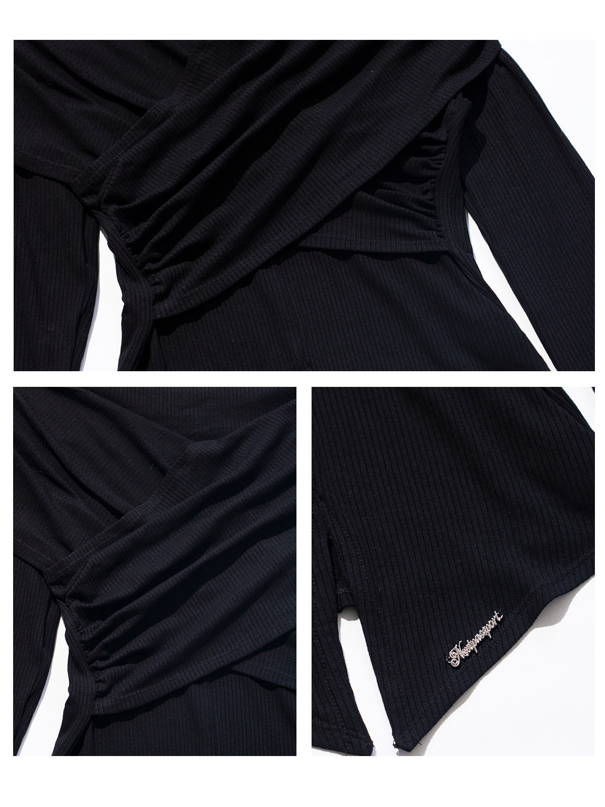 NEXT PASSPORT black cross-pleated off-shoulder top construction details