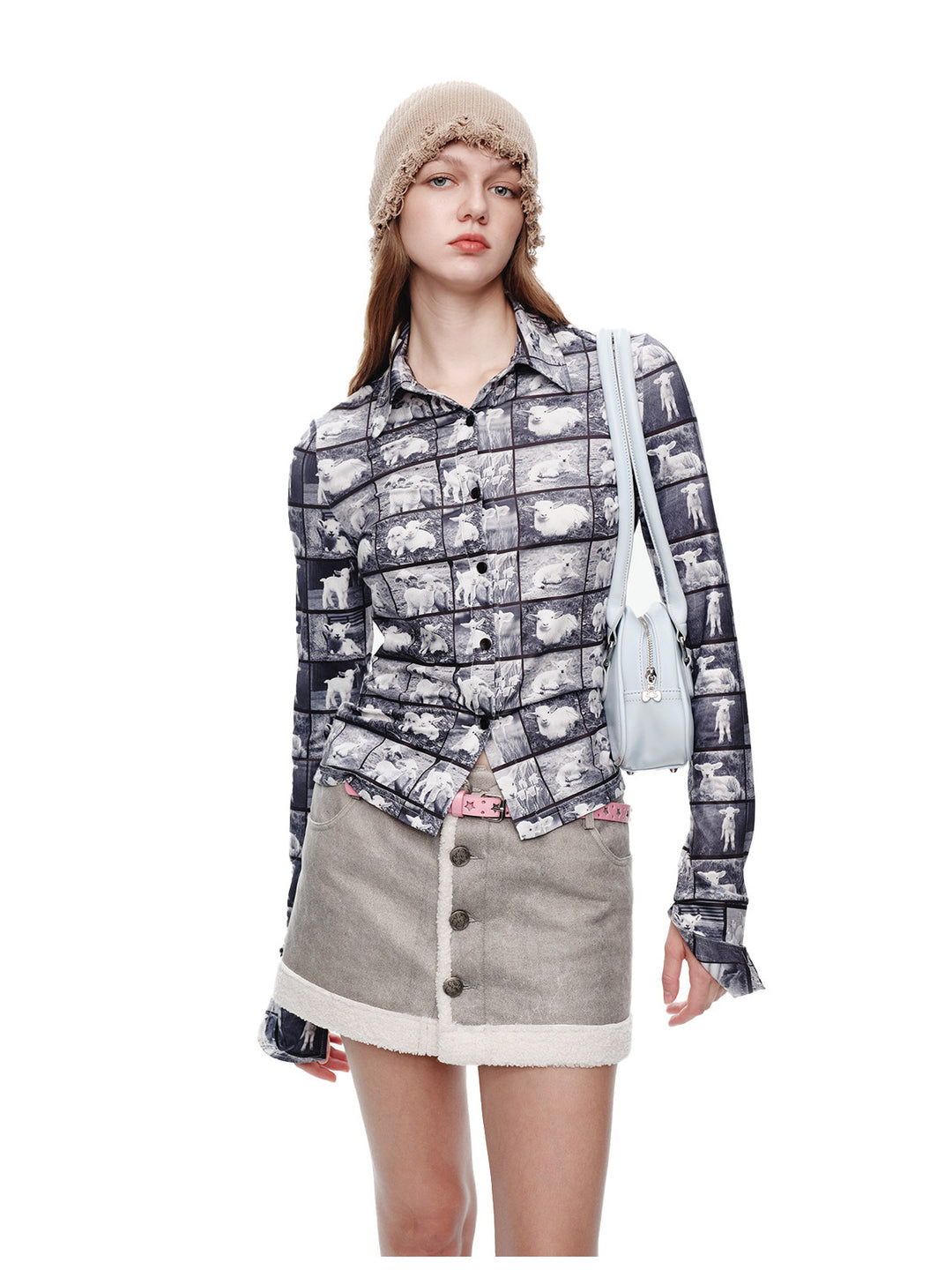 NEXT PASSPORT faux-shearling trim suede-effect mini skirt gray studio look