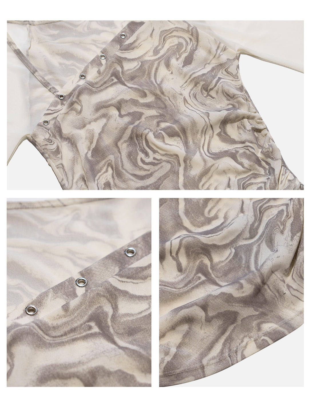 Close-up of the mesh fabric, silver-tone eyelets and marble print on the NEXT PASSPORT top.