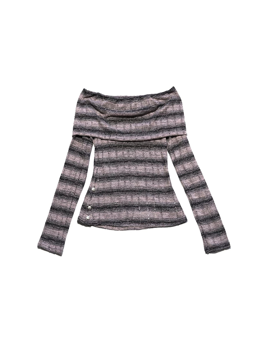 NEXT PASSPORT striped bardot side-slit fitted long-sleeve tee in PINK BLACK STRIPE, solo flat lay