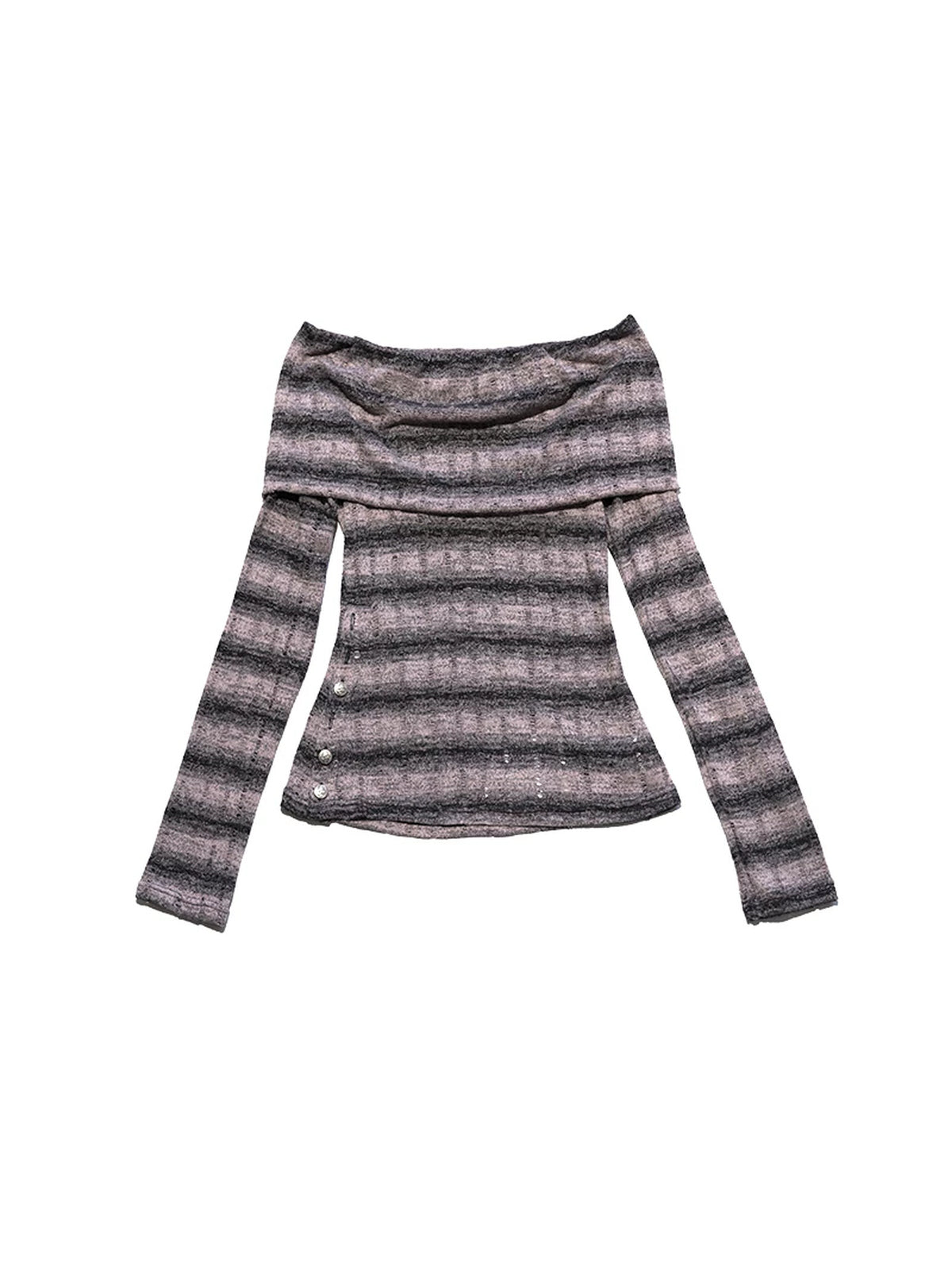 NEXT PASSPORT striped bardot side-slit fitted long-sleeve tee in PINK BLACK STRIPE, solo flat lay