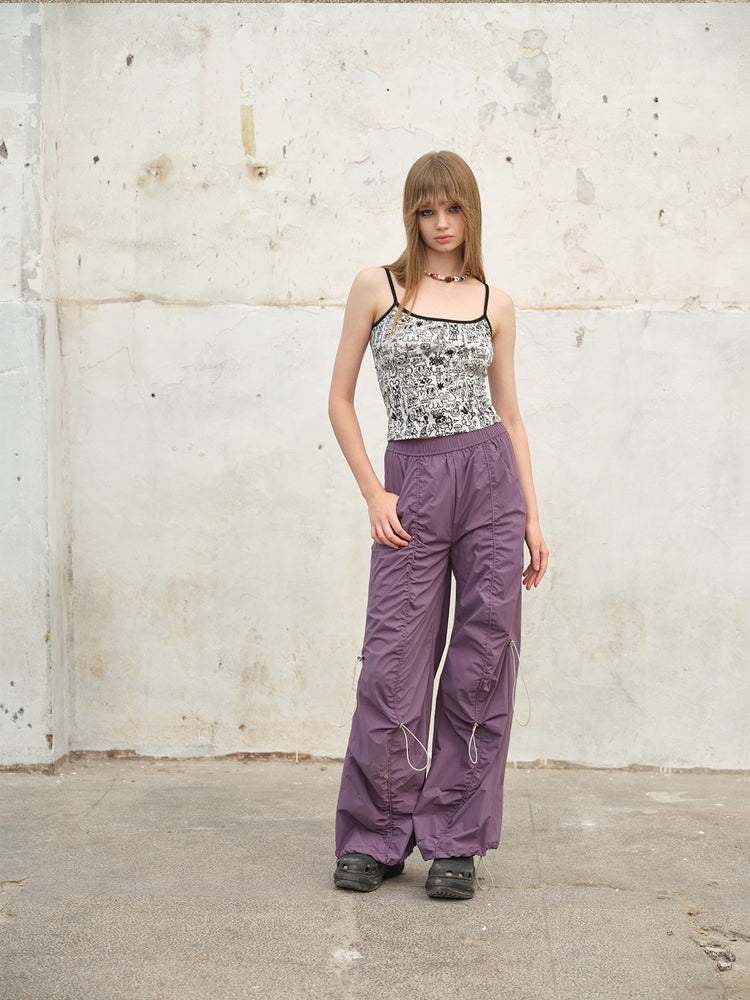 NEXT PASSPORT three-color ruched drawstring wide-leg pants in purple, front view