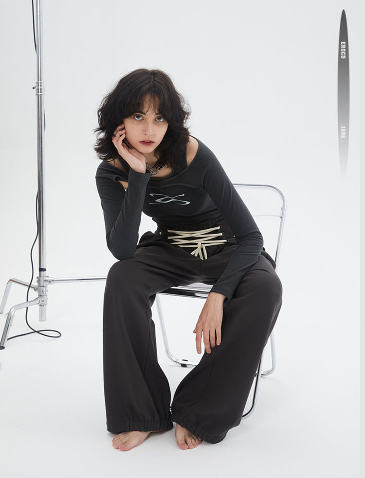 ERRORCODE ROBOT dark gray off-shoulder long-sleeve tee, seated front view with shoulder cutouts and chest logo