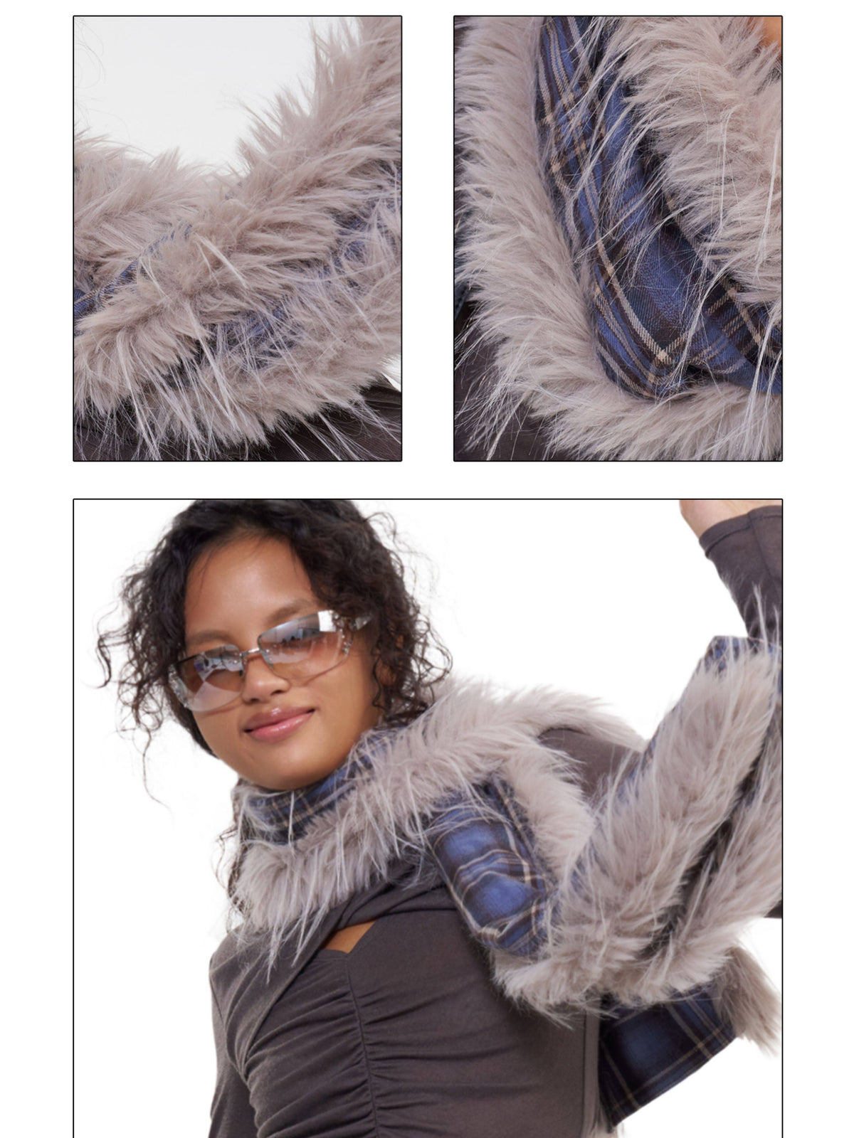 NEXT PASSPORT blue-purple plaid faux-fur scarf — close-up collage of the plaid fabric and faux-fur trim