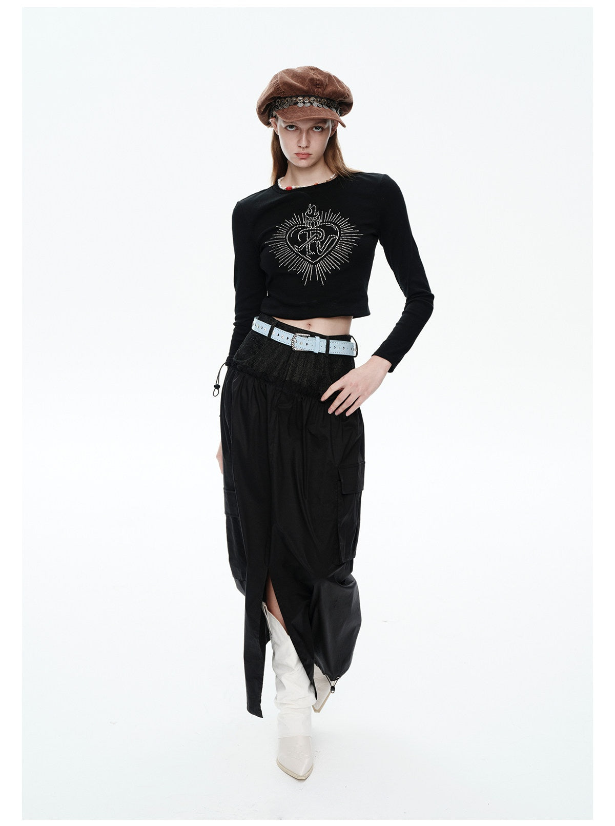 NEXT PASSPORT black faux-layered cargo maxi skirt walking view